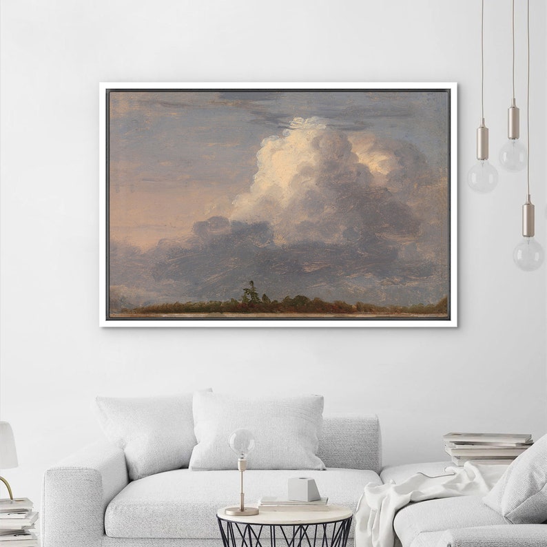 May include: A painting of a cloudy sky with a large, white cumulus cloud in the center. The sky is a light blue with hints of pink and purple. The cloud is casting a shadow on the ground below. There are some trees in the foreground.