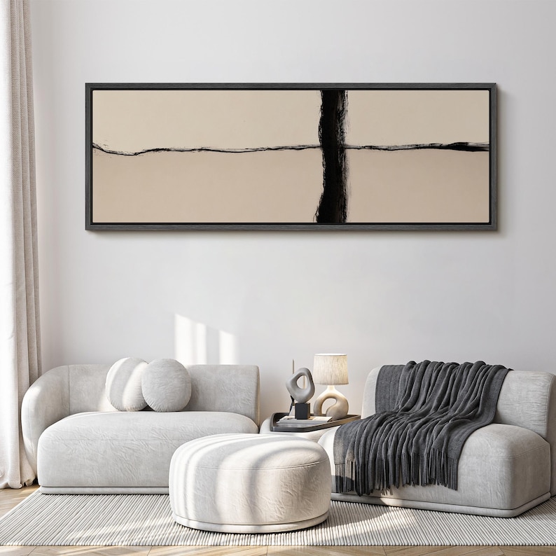Minimalist Abstract Line Wall Art, Large Framed Modern Black and Beige ...