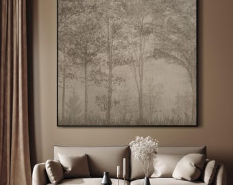 Vintage Forest Wall Art - Extra Large Framed Landscape Print, Misty Tree in Neutral Tones, Minimalist Japandi or Wabi-Sabi Home Decor