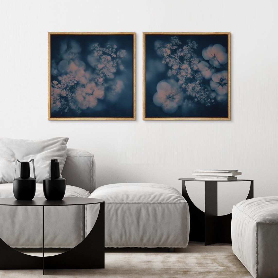 Framed Blue Floral Abstract Wall Art Set of 2, Moody Botanical Canvas ...