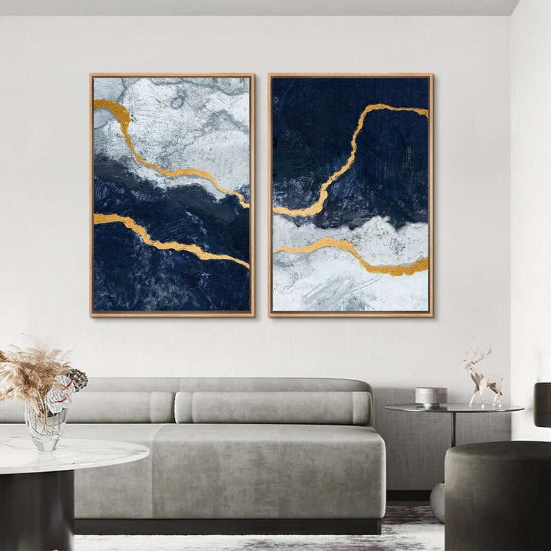 Framed Canvas Wall Art Set of 2 Abstract Navy Blue Marble Art Prints Minimalist Modern Wall Art Living Room Decor