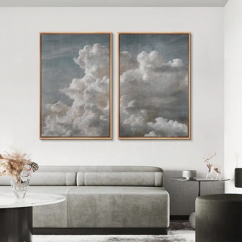 Framed Canvas Wall Art Set of 3 Abstract Cloud Sky Wall Art Print White ...