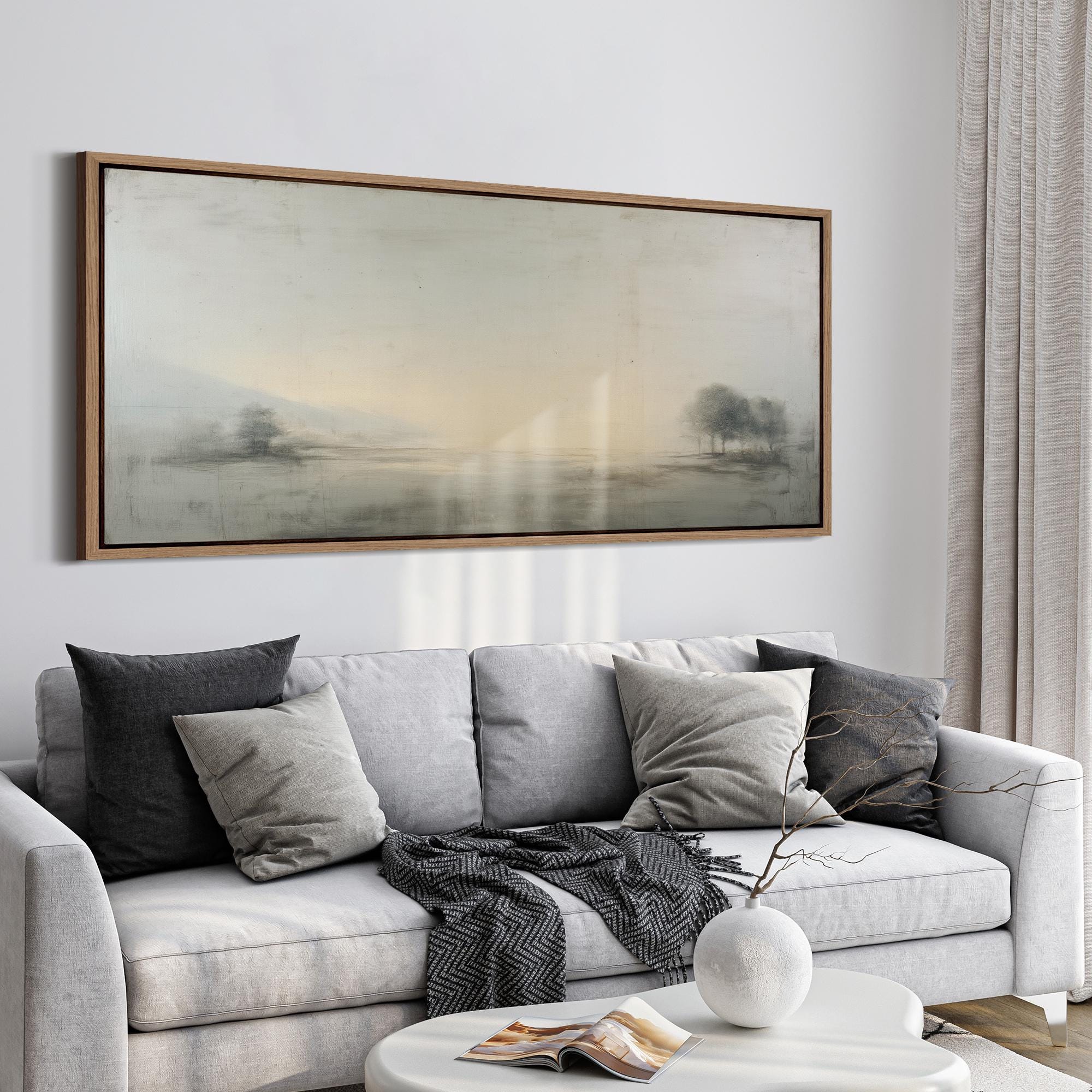 Large Framed Minimalist Misty Landscape Wall Art, Soft Gray Beige ...