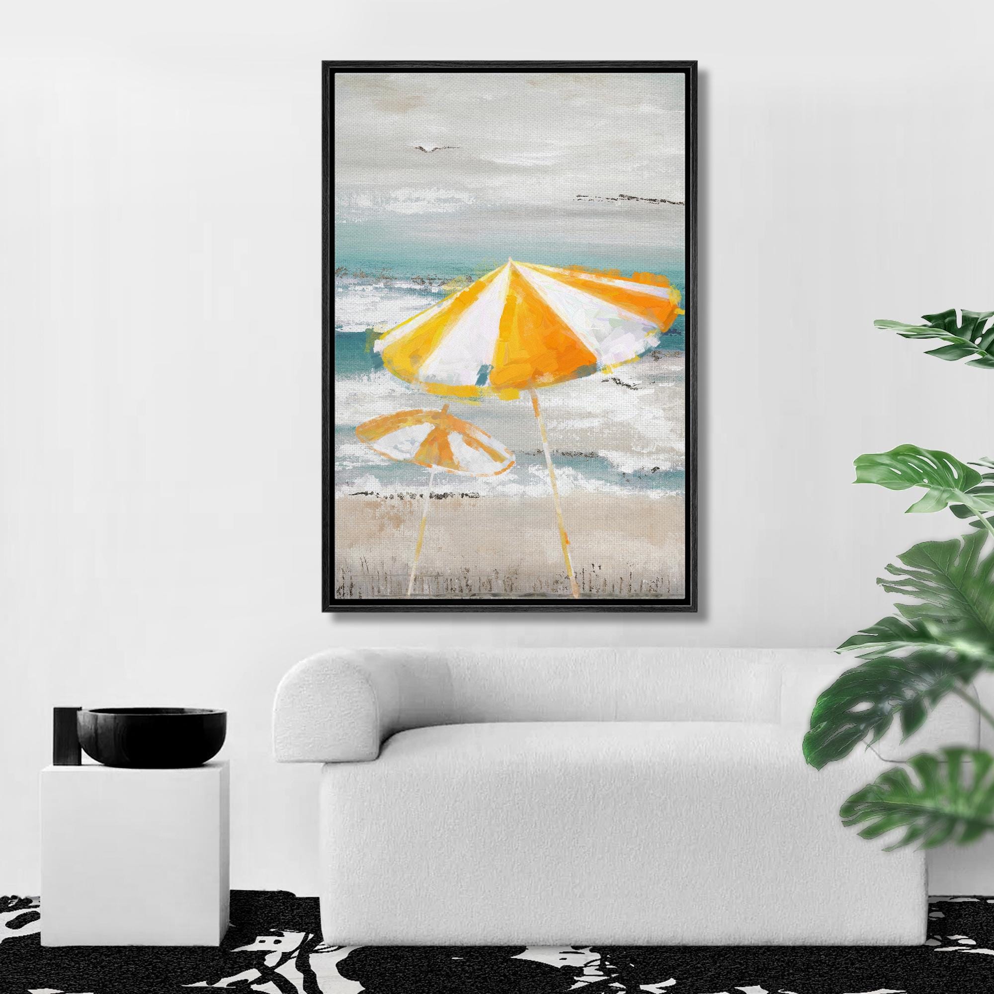 Yellow Beach Umbrella Wall Art - Framed Coastal Canvas Print