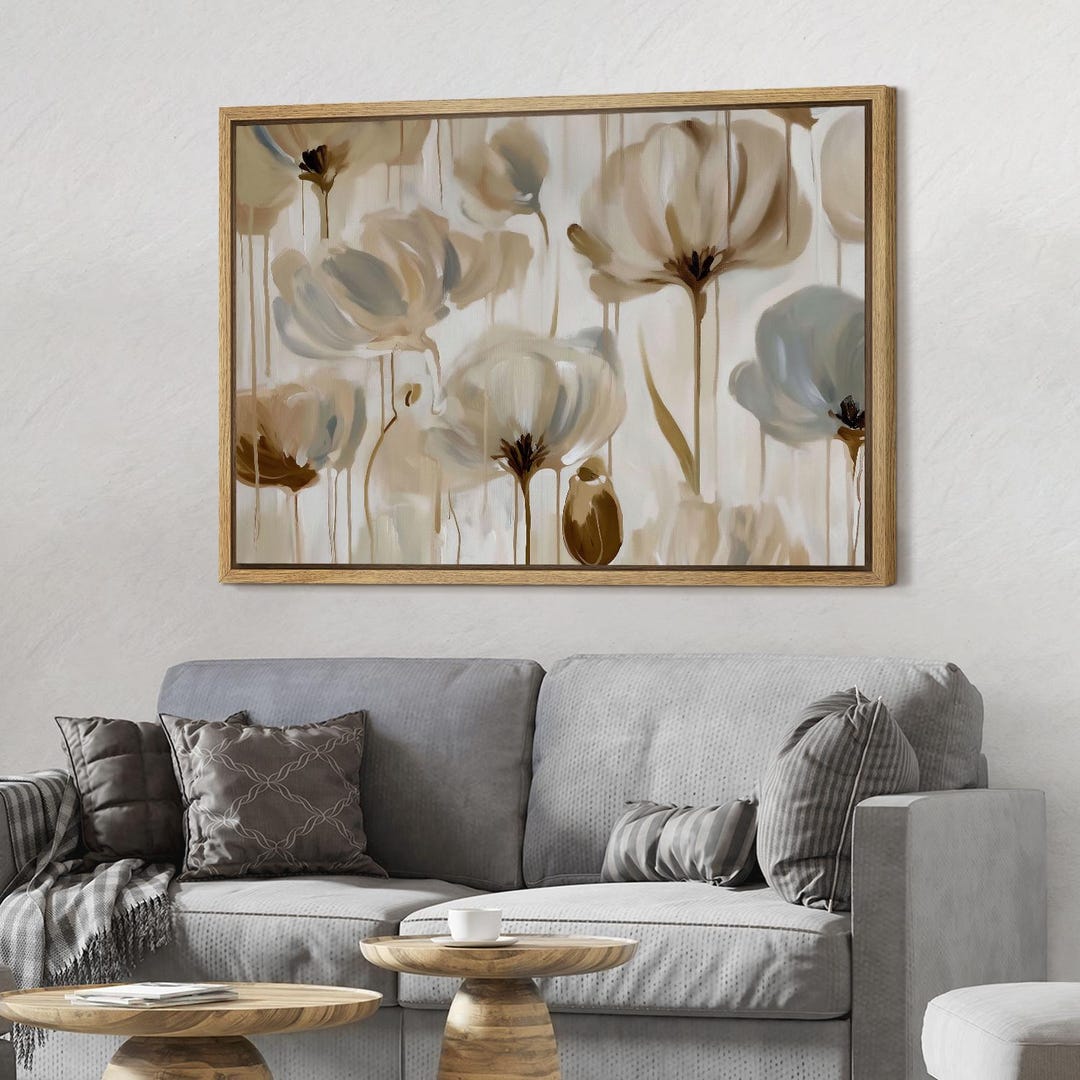 Framed Neutral Floral Wall Art, Beige Abstract Botanical Flower Canvas ...