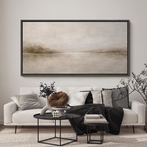Large Framed Abstract Neutral Landscape Wall Art, Misty River
