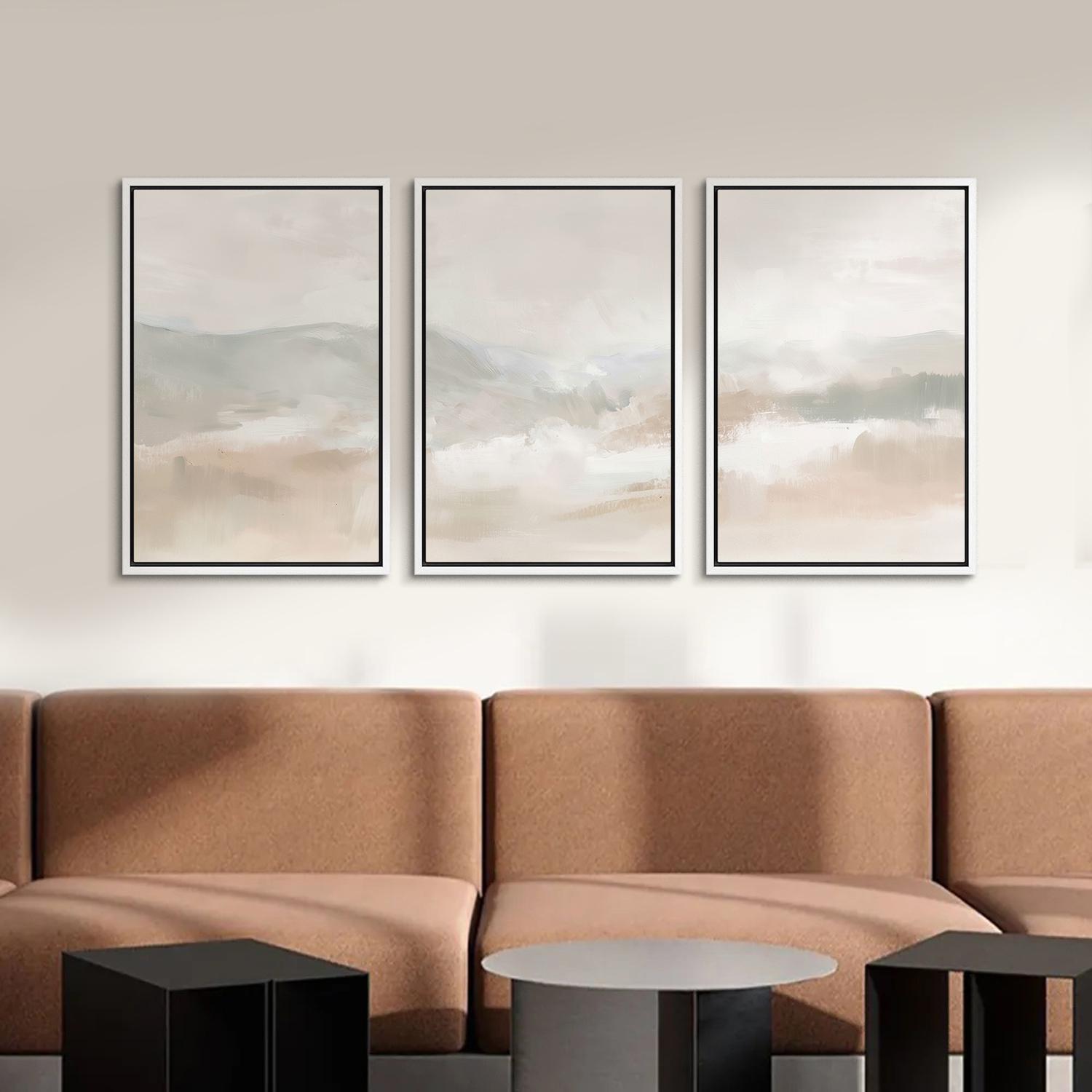 Framed Neutral Abstract Wall Art Set of 3, Soft Beige & Grey Minimalist ...