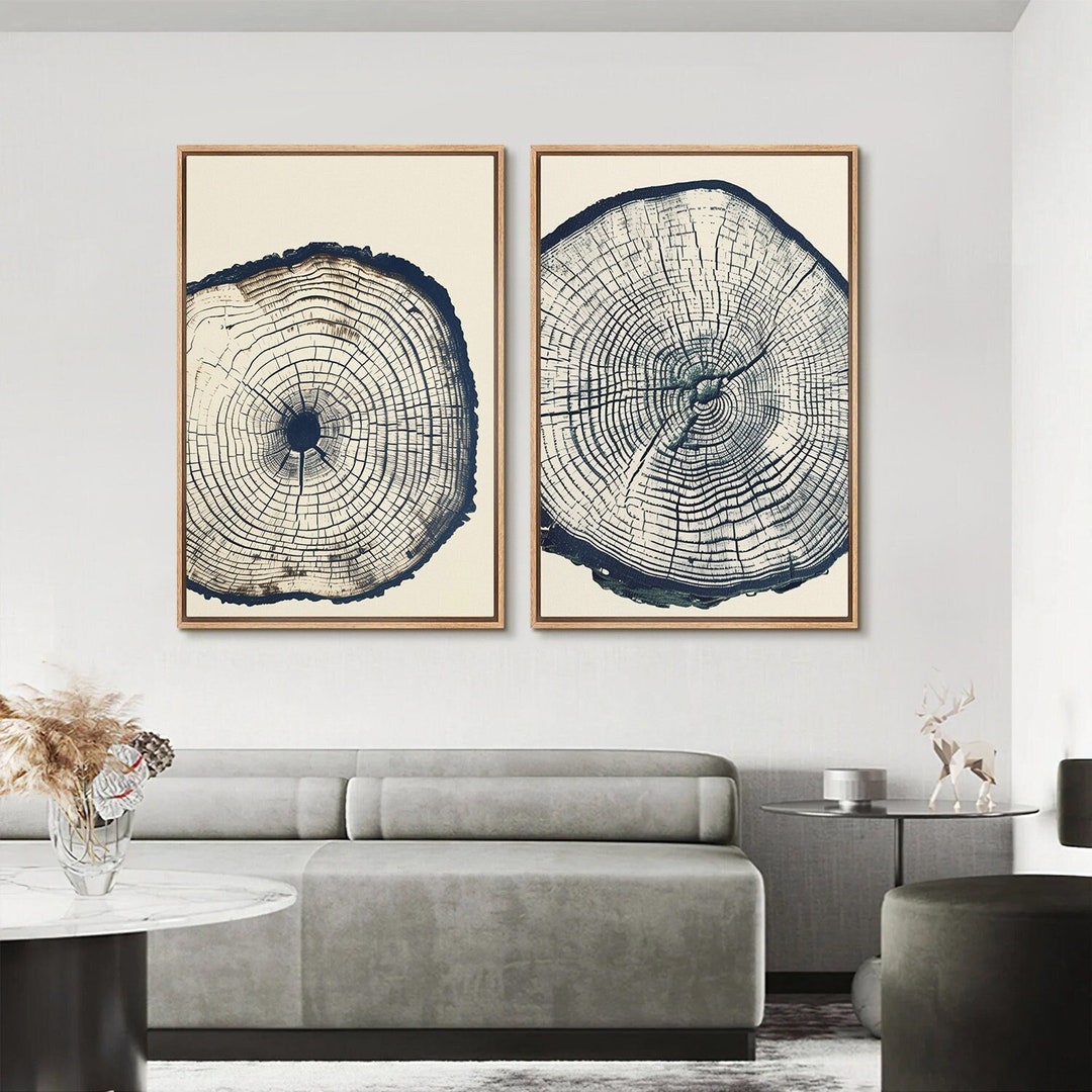 2 Piece Framed Canvas Wall Art Set, Navy Blue Wood Tree Ring Art Prints ...
