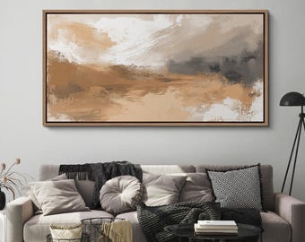 Large Framed Neutral Abstract Wall Art, Modern Beige Tan Desert Landscape Style Canvas Print, Minimalist Horizontal Decor