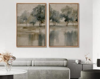 Framed Neutral Tree Wall Art Set of 2, Moody Forest Landscape Canvas Prints, Modern Calm Nature Decor for Living Room