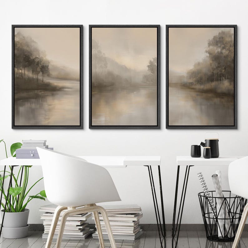 Framed Neutral Misty Forest Landscape Wall Art Set of 3, Minimalist ...