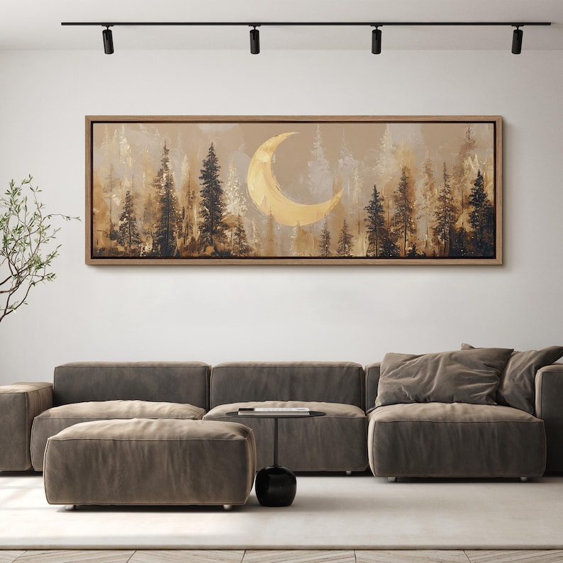 Large Framed Moon Forest Wall Art, Crescent Moon Landscape Canvas Print ...