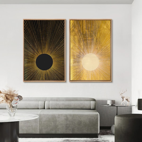 Framed Canvas Wall Art Set of 2, Black and Gold Sun Art Prints, Minimalist Abstract Geometric Lines, Mid Century Modern Boho Home Decor