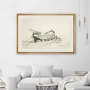Framed Canvas Wall Art, Sketch Boat Wall Art, Rustic Country Landscape Print, Minimalist Vintage Art, Modern Farmhouse Wall Decor