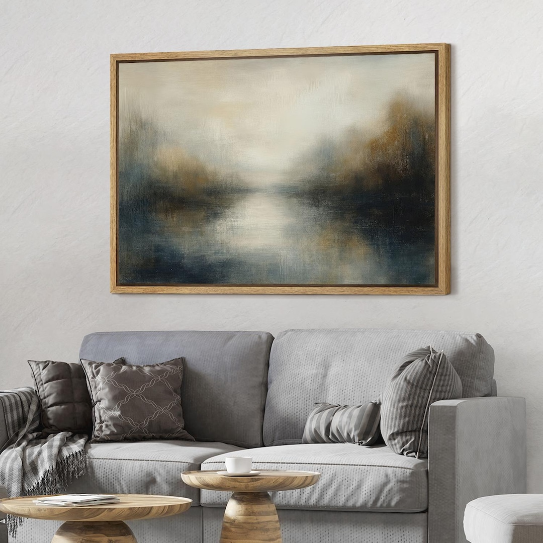 Framed Abstract Misty Lake Wall Art, Neutral Moody Landscape Canvas ...