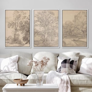 Framed Canvas Wall Art 3 Pieces, Oak Tree Sketch Forest Print Set, Neutral Vintage Artwork Gift, Modern Organic Farmhouse Country Decor Bild 3