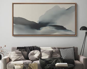 Large Framed Abstract Foggy Mountain Wall Art, Neutral Ink Landscape Canvas Print, Modern Calm Horizon Artwork for Office Decor