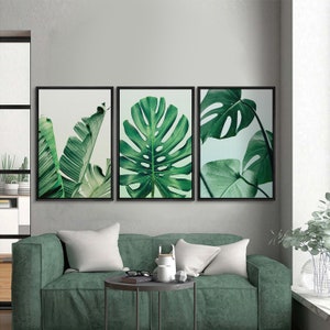 3 Piece Framed Canvas Wall Art Set, Green Tropical Jungle Leaf Prints ...