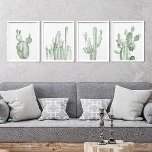 Set of 4 Framed Prints Wall Art Set, Green Southwest Desert Cactus Prins, Floral Botanical Prints, Minimalist Modern Art, Western Decor White