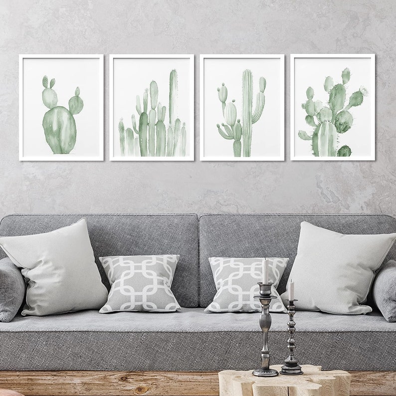 Set of 4 Framed Prints Wall Art Set, Green Southwest Desert Cactus Prins, Floral Botanical Prints, Minimalist Modern Art, Western Decor White