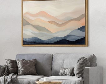 Soft Gradient Mountain Abstract Wall Art - Framed Minimalist Layered Landscape Canvas Print, Modern Living Room or Office Decor