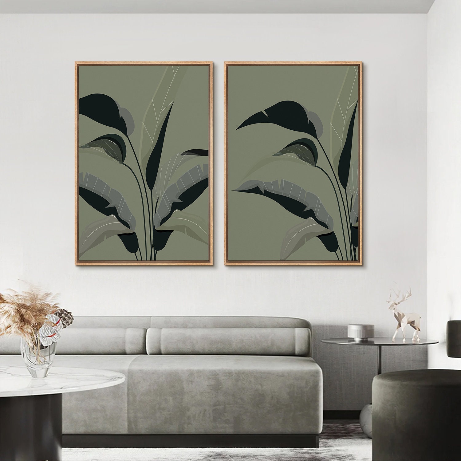 Framed Canvas Wall Art Set, Tropical Leaf Prints, Minimalist Art