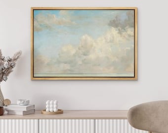 Framed Canvas Wall Art, Blue Sky White Cloud Wall Art Print, Minimalist Nature Art, Modern Farmhouse Wall Decor