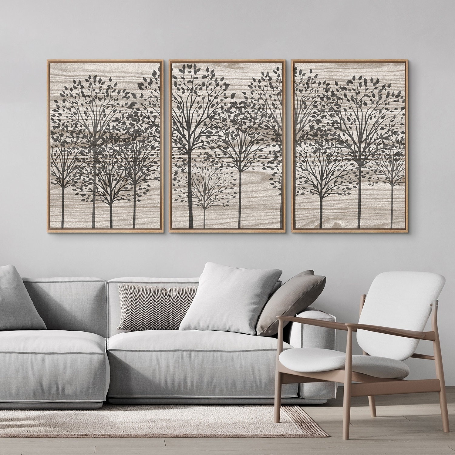 Framed Canvas Tryptic Wall Art Set, Abstract Forest Tree Art Prints, Minimalist Modern Wall Art Prints, Rustic Neutral Farmhouse Wall Decor