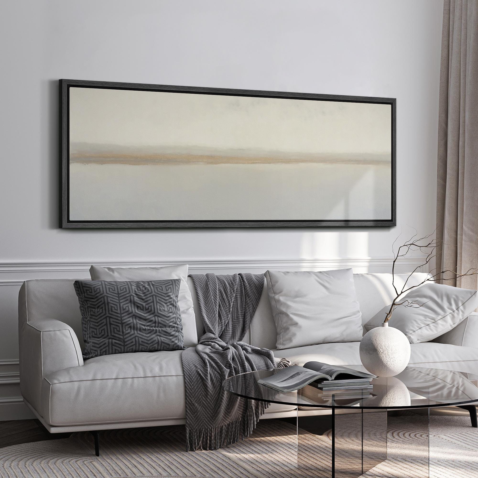 Minimalist Neutral Landscape Wall Art, Large Framed Beige and Gray ...