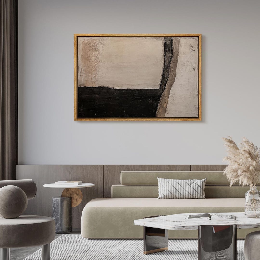 Neutral Minimalist Abstract Framed Wall Art, Modern Black and Beige ...