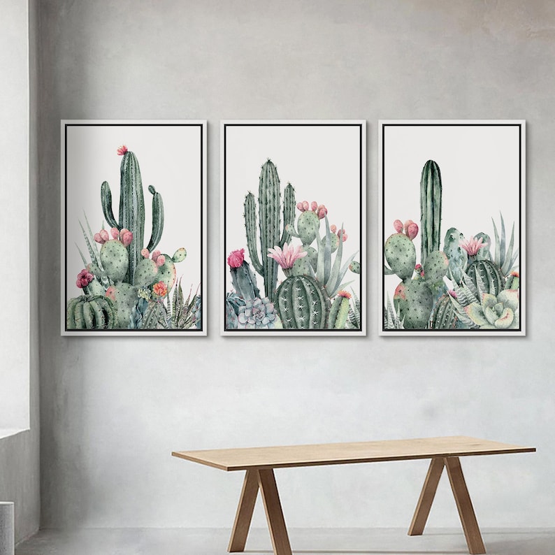 3 Piece Framed Canvas Wall Art Set, Southwest Blooming Cactus Prints, Floral Botanical Art Prints, Minimalist Modern Art, Western Decor image 3