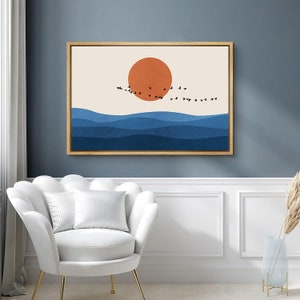 Framed Canvas Wall Art Orange Sun with Birds Flying Over Navy Blue Ocean Nautical Sea Minimalist Boho Wall Decor for Bedroom Living Room