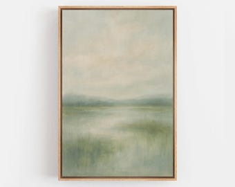 Soft Green Misty Landscape Wall Art - Framed Abstract Nature Canvas Print, Minimalist Calming Neutral Scene, Bedroom or Living Room Decor
