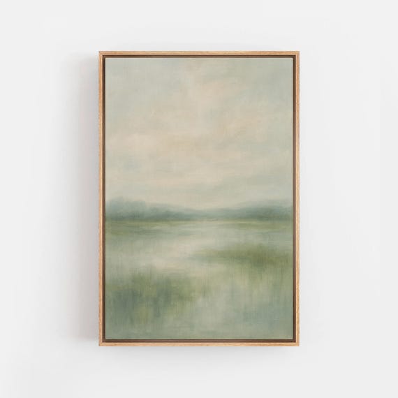 Soft Green Misty Landscape Wall Art - Framed Abstract Nature Canvas Print, Minimalist Calming Neutral Scene, Bedroom or Living Room Decor
