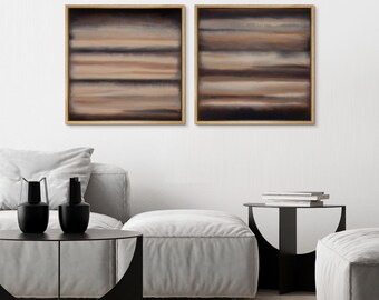 Dark Neutral Abstract Art Set of 2 - Framed Horizontal Striped Canvas Prints in Brown, Beige & Black for Modern Contemporary Wall Decor