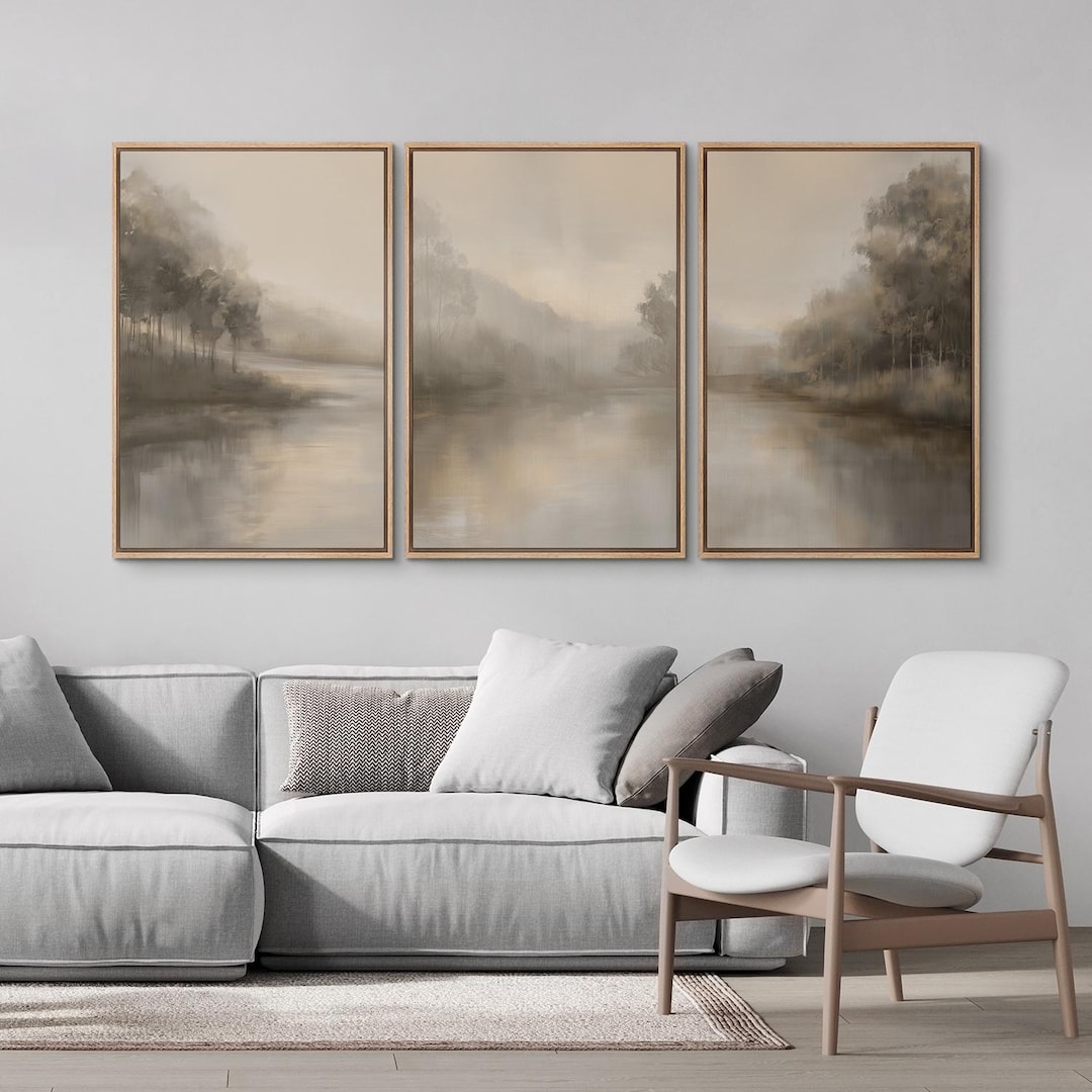 Framed Neutral Misty Forest Landscape Wall Art Set of 3, Minimalist ...