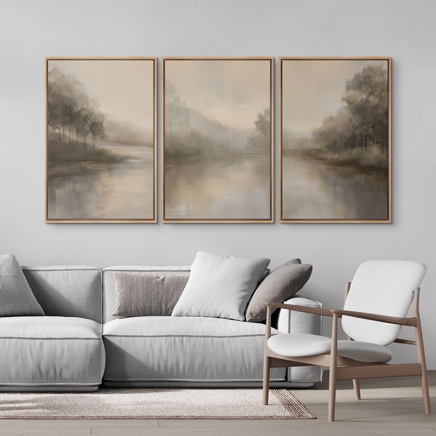 Framed Neutral Misty Forest Landscape Wall Art Set of 3, Minimalist ...