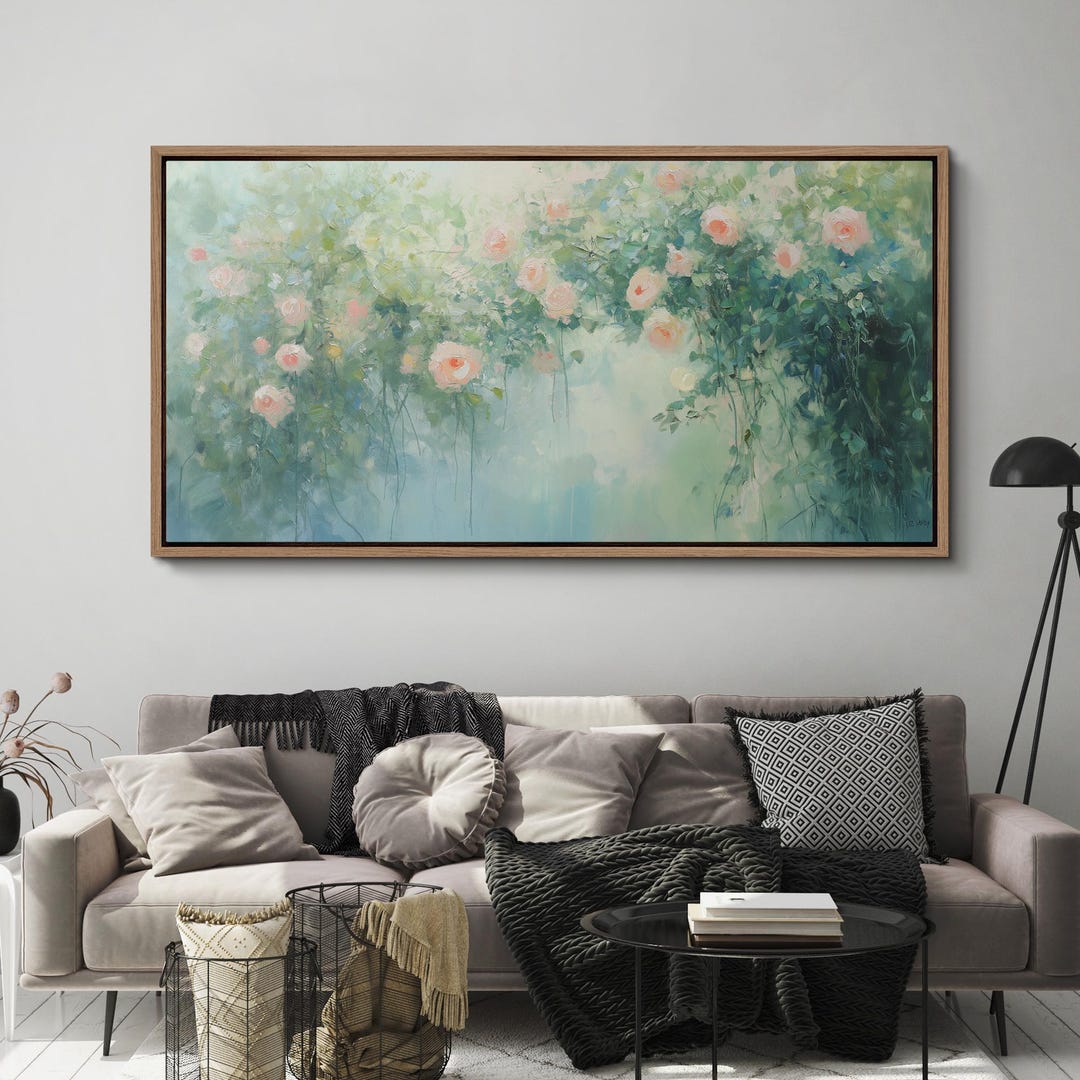 Large Romantic Rose Garden Painting Print, Framed Canvas Elegant Floral ...