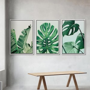 3 Piece Framed Canvas Wall Art Set, Green Tropical Jungle Leaf Prints ...