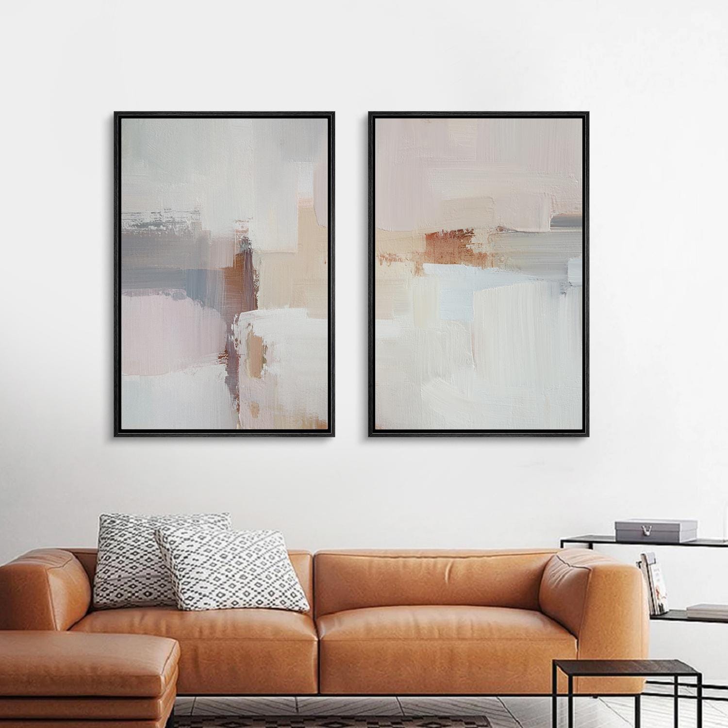 Framed Neutral Abstract Wall Art Set of 2, Soft Beige Minimalist Canvas ...