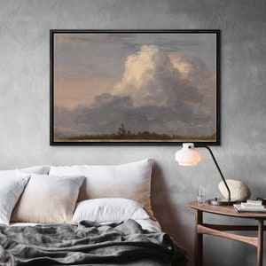 May include: A painting of a cloudy sky with a large, white cumulus cloud in the center. The sky is a soft blue and pink, and the cloud is casting a shadow on the ground below. There are a few small trees in the foreground.