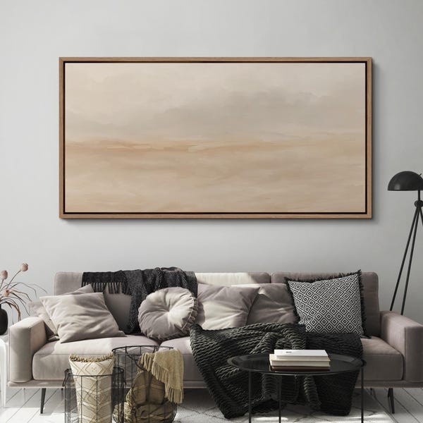 Abstract Desert Horizon Wall Art - Large Framed Minimalist Landscape Canvas, Neutral Beige Print for Calm Bedroom or Zen Living Room Decor