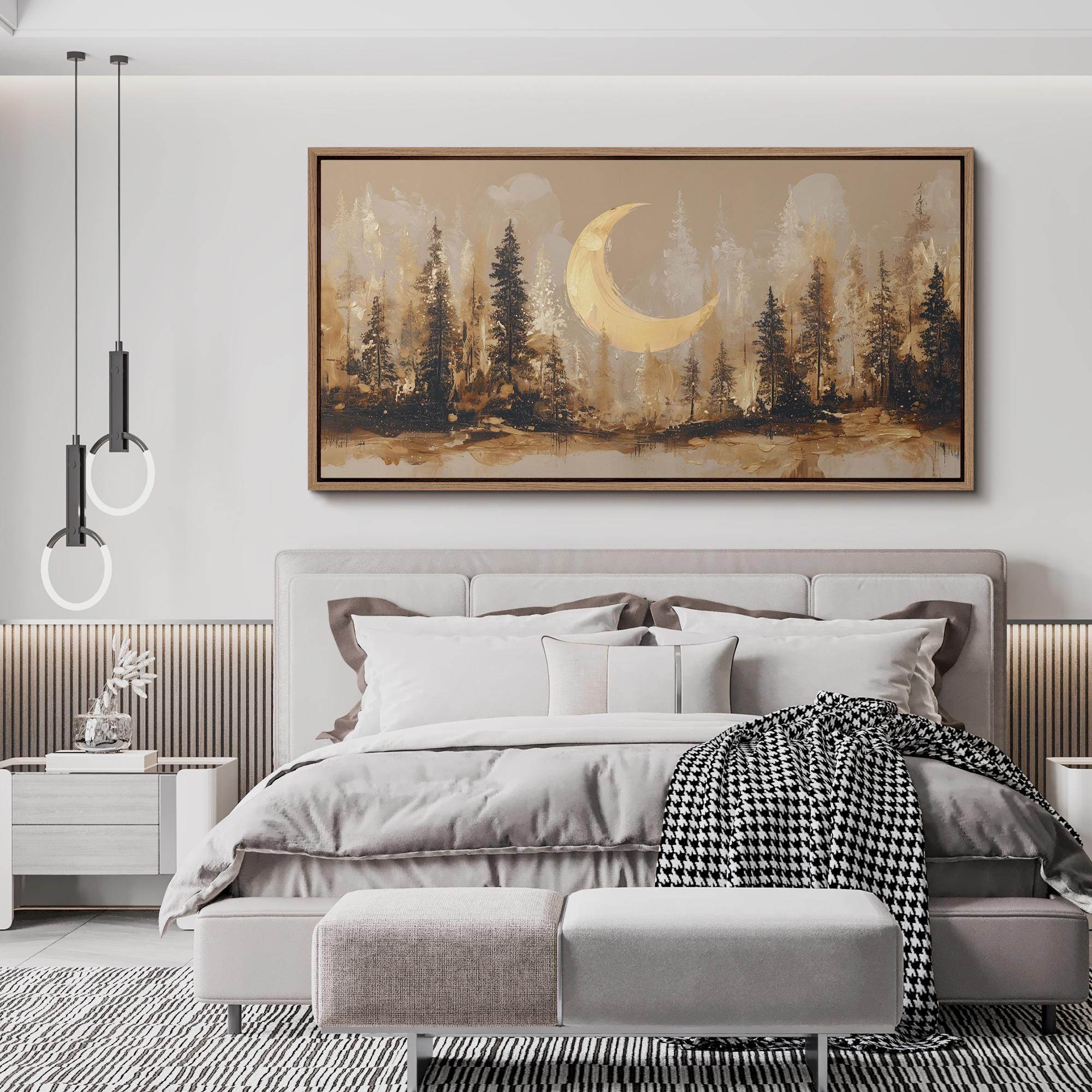 Large Framed Moon Forest Wall Art, Crescent Moon Landscape Canvas Print ...