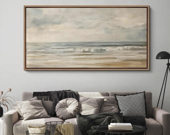 Large Abstract Coastal Beach Art Print, Framed Canvas Neutral Ocean Wave Painting, Seascape Scenery Artwork, Serene Decor for Living Room