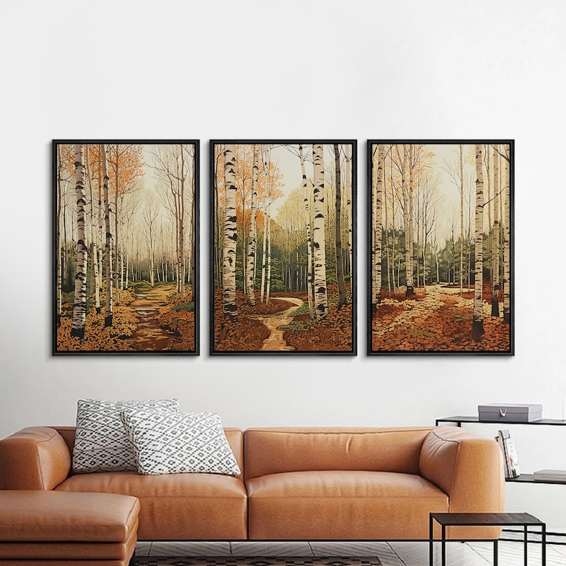 Framed Canvas Wall Art Set of 3 Birch Tree Forest Nature Landscape ...