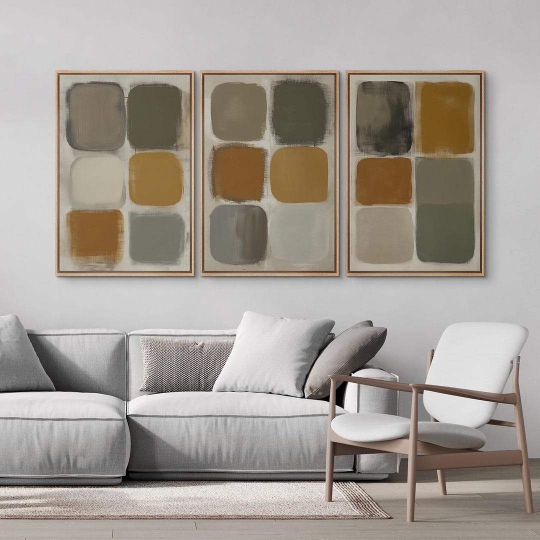 Framed Modern Abstract Color Block Wall Art Set of 3, Neutral Earth ...