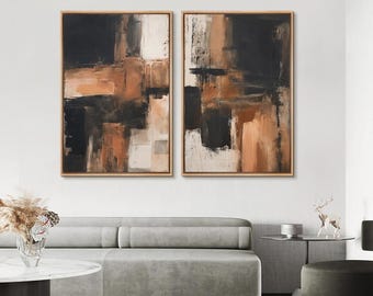 Abstract Geometric Wall Art - Set of 2 Framed Canvas Prints, Modern Black, Brown & Beige Paintings for Living Room or Office Decor