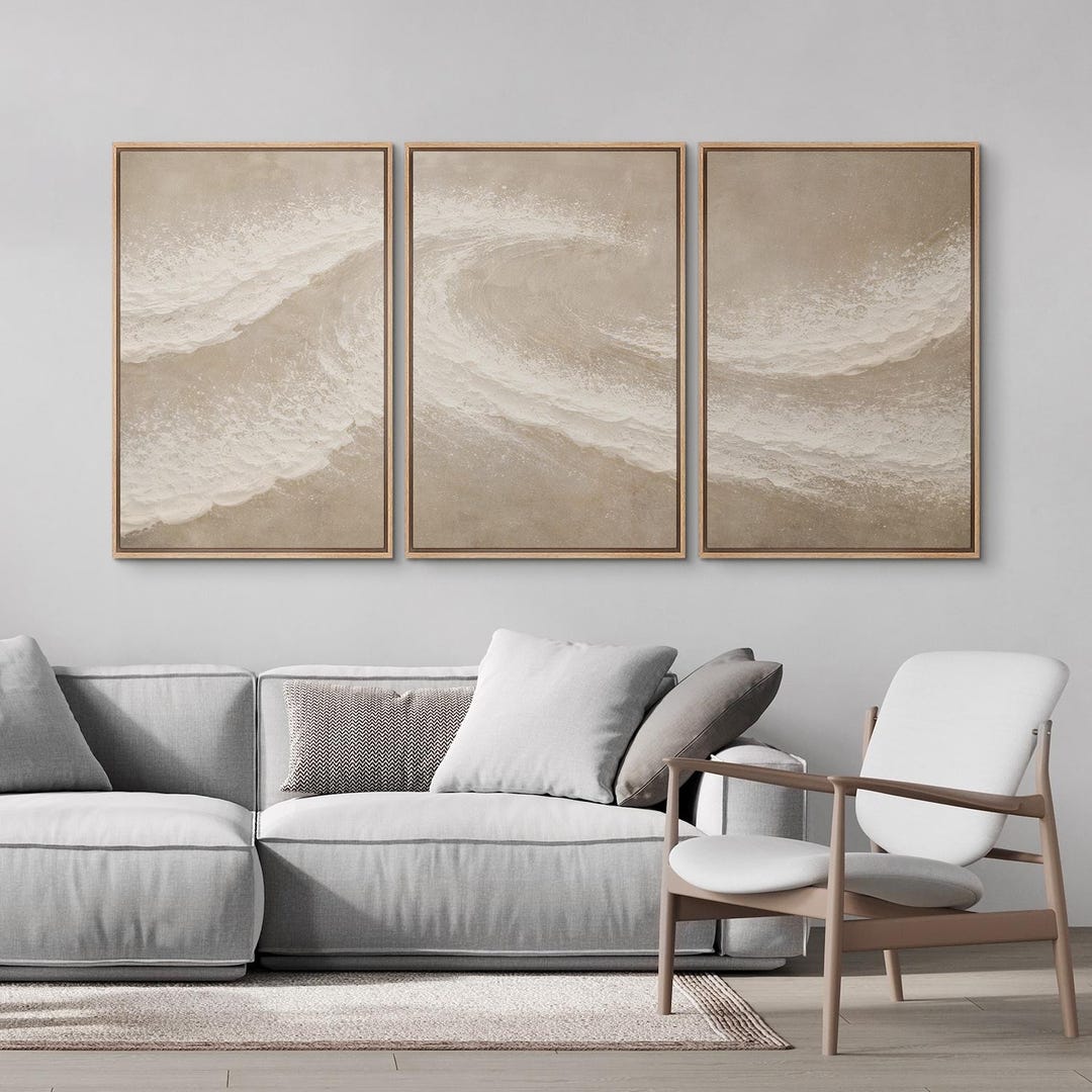 Framed Neutral Abstract Wave Wall Art Set of 3, Minimal Coastal Canvas ...