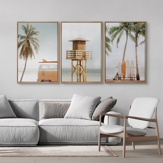 Framed Canvas Wall Art Set of 3 Tropical Palm Tree Beach Lifeguard