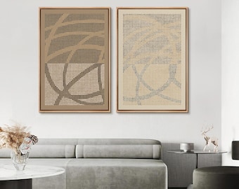 Dot Matrix Abstract Line Art - Set of 2 Framed Geometric Canvas Prints, Neutral Beige & Taupe Minimalist Decor for Modern Boho Living Room